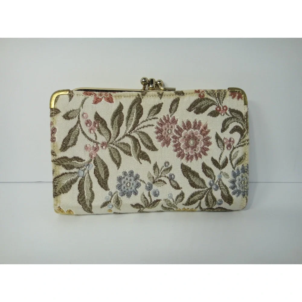 Baronet Vintage Floral Tapestry Tri-Fold Wallet Genuine Cowhide Kiss Lock Cream